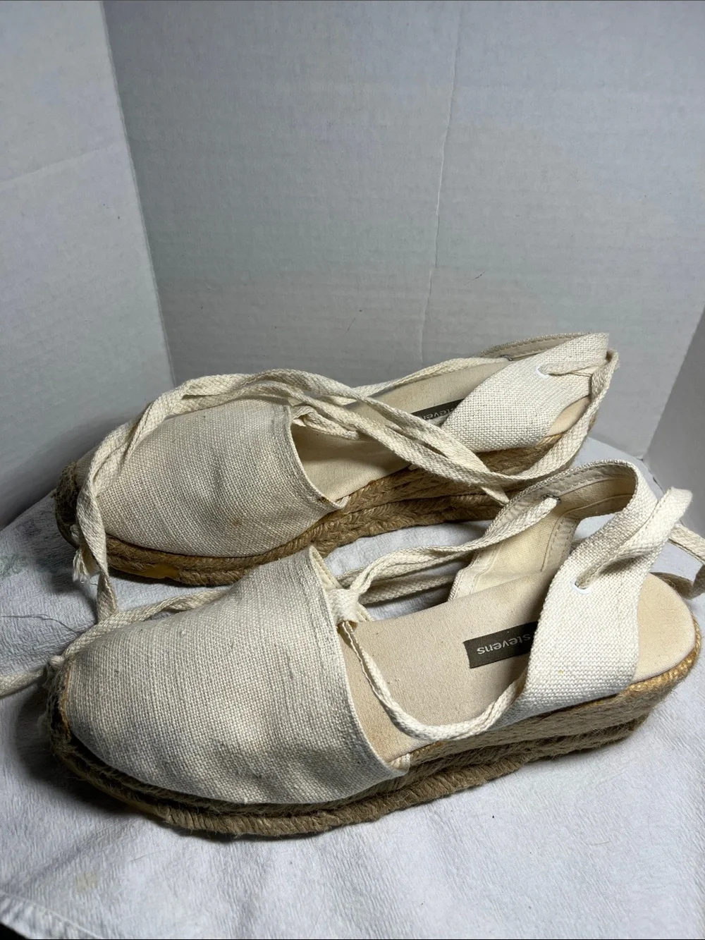 Valerie Stevens Cream Canvas Espadrille Wedge Sandals with Ankle Wraps